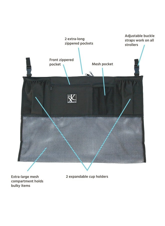 J.L. Childress Double Stroller Organizer with Large Mesh Storage Compartment - Stroller Accessory with Extra-Large Storage Bag - Deep Cup Holders - Multiple Zippered Pockets - Black - Image 2