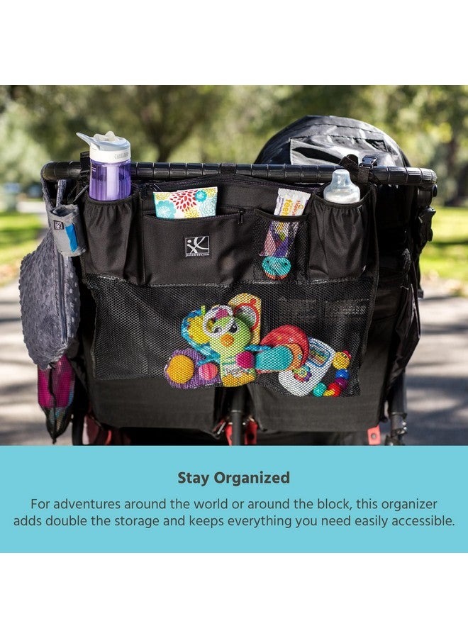 J.L. Childress Double Stroller Organizer with Large Mesh Storage Compartment - Stroller Accessory with Extra-Large Storage Bag - Deep Cup Holders - Multiple Zippered Pockets - Black - Image 3
