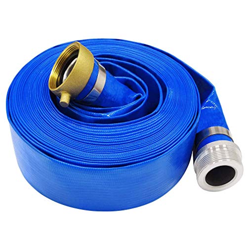 Eastrans 1.5" x 50' Blue PVC Backwash and Discharge Hose for Swimming Pools, Heavy Duty Reinforced Flat Pool Hose with Aluminum Pin Lug Fittings - Image 1
