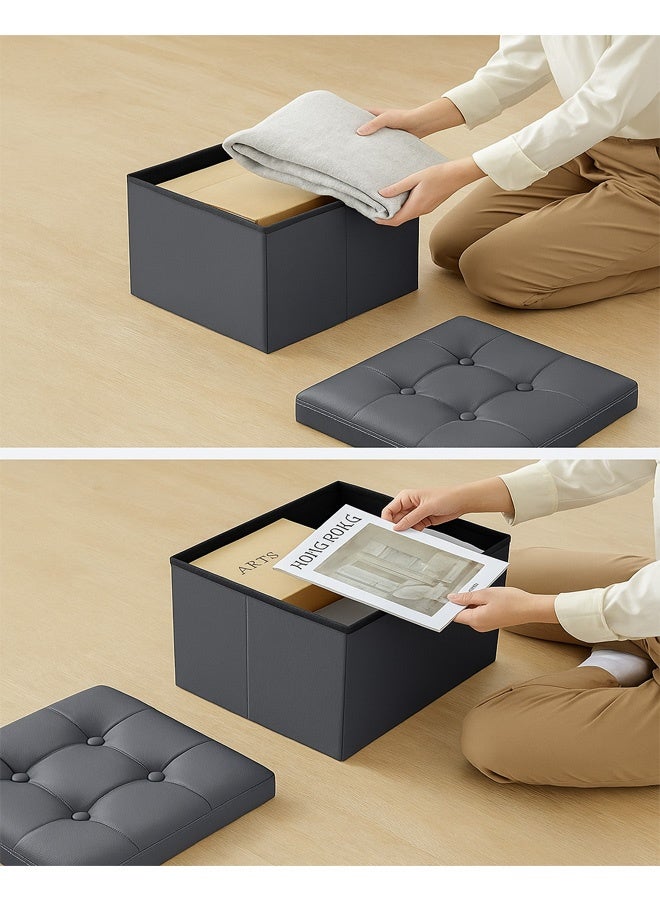 FUMES Foldable Ottoman Storage Dark Grey Leather Look Seat with Padded Lid and Hidden Compartment  - Image 3