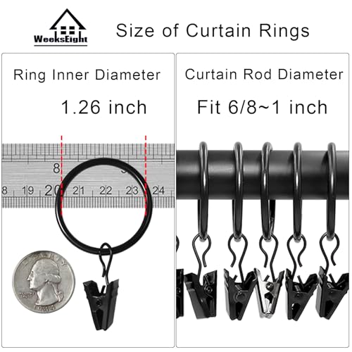 WeeksEight 40 Pack Black Curtain Rings with Clips, Curtain Hooks Hangers Clip Rings for Hanging Drapes Bows Hat, Drapery Rings 1.26 in I D, Fits up to 1 in Diameter Curtain Rod. - Image 3