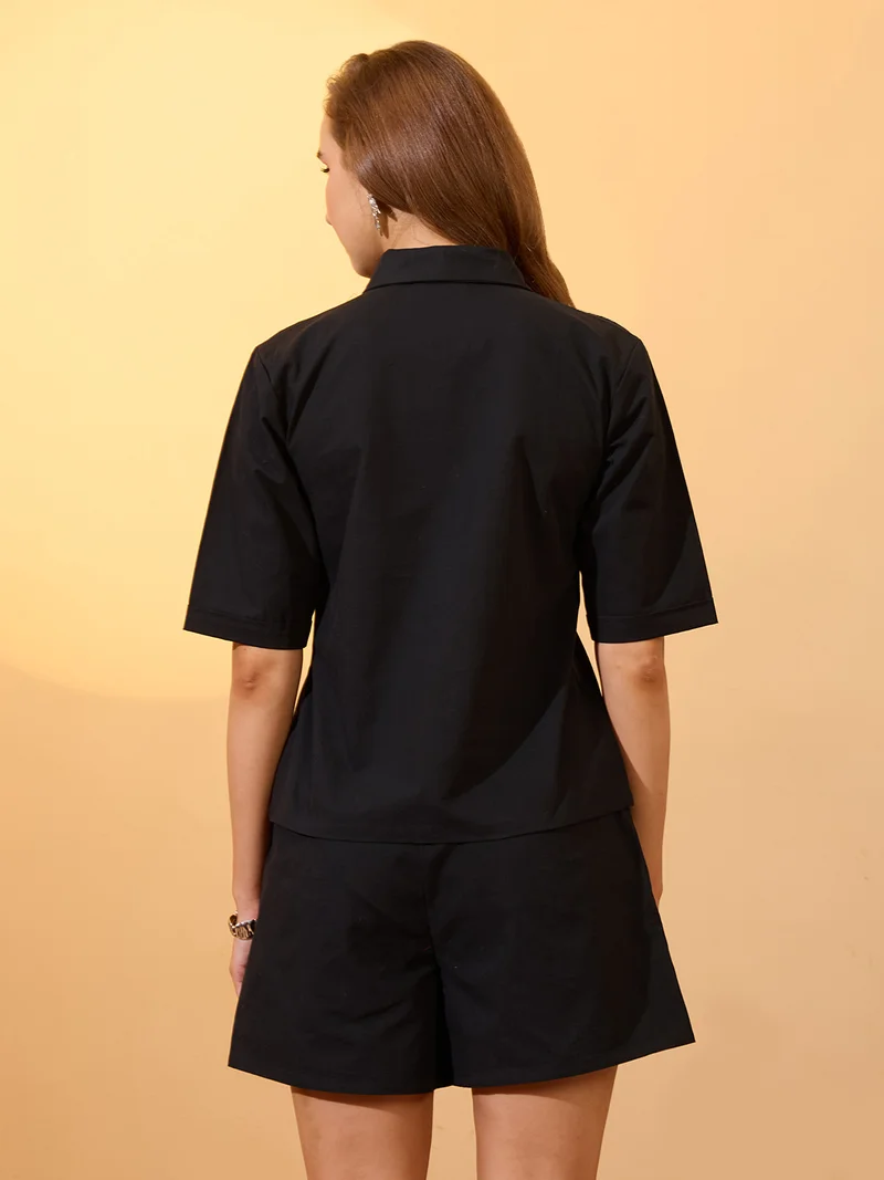 globus Women Black Notch Lapel Collar Embroidered Border Shirt with Mini Shorts Resort Co-Ords Set