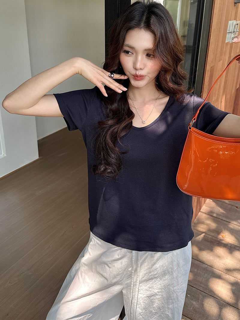 Ai Chunshi Tencel Linen Base Shirt For Women 2025 Spring/Summer Lyocell Goose Egg Collar T-Shirt Skin-Friendly Slim Fit Short - Image 3