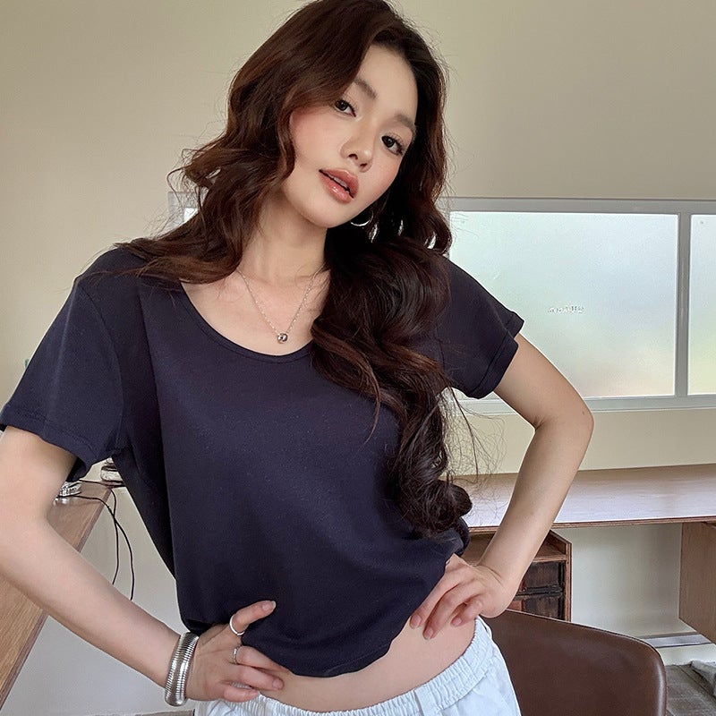 Ai Chunshi Tencel Linen Base Shirt For Women 2025 Spring/Summer Lyocell Goose Egg Collar T-Shirt Skin-Friendly Slim Fit Short - Image 1