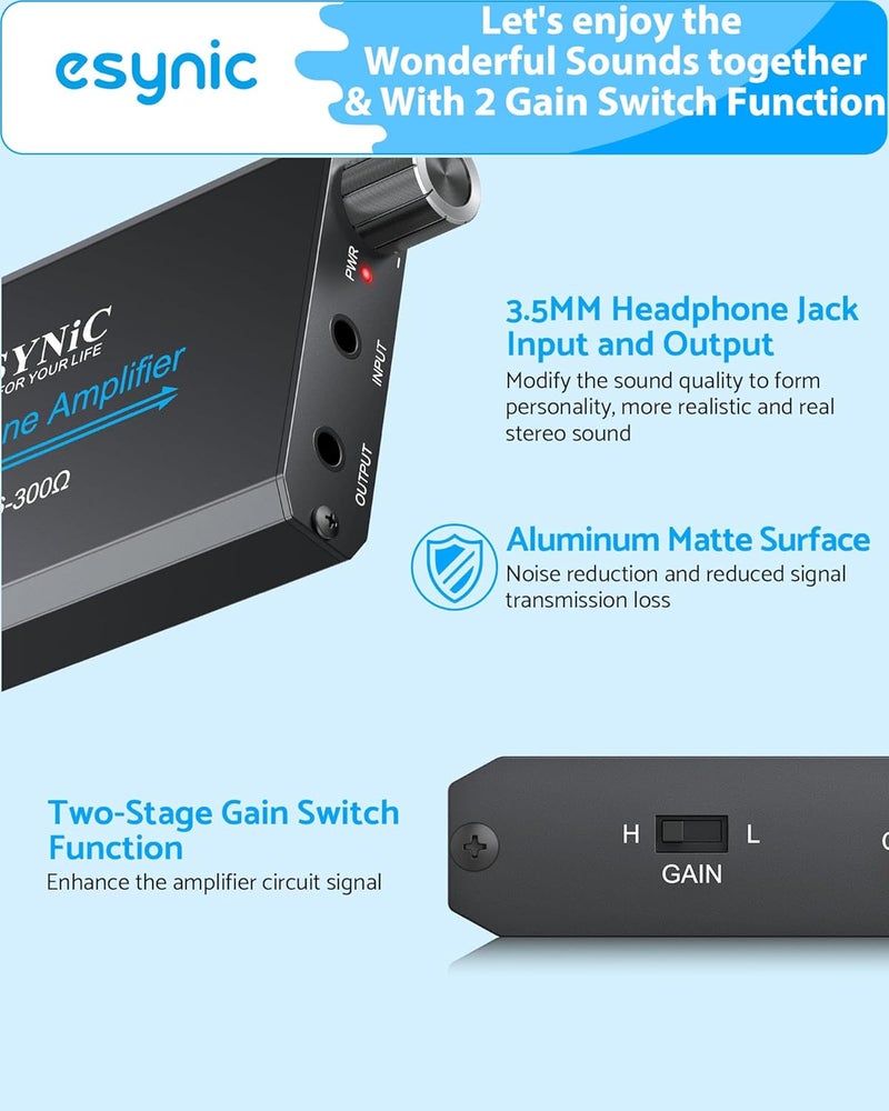 eSynic 16-300 Ohms Headphone Amplifier-Rechargeable Hi-Fi Audio Amplifier with Gain Switch & Volume Control-Aluminum Alloy 3.5MM AUX Headphone Amp Portable for Phone/Laptops/PC/MP4/Gaming Consoles - Image 2