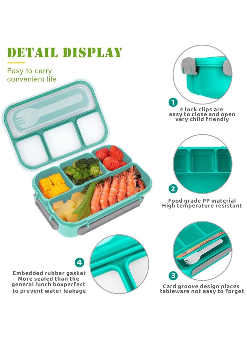 Arabest Lunch Box for Kids, 4 Compartment Children's Lunch Box with Spoon, 1300ML Bento Box Microwave & Dishwasher & Freezer Safe, BPA Free (Green)  - Image 2