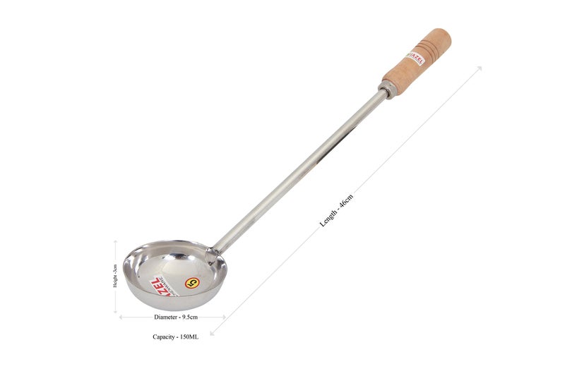 Hazel Steel Tadka Pan with Long Wooden Handle, 46 cm, 150 ml, Silver - Image 3