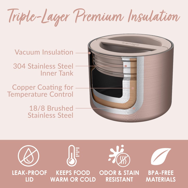 Bentgo Stainless Insulated Food Container - 2.4 Cups (19 oz), Triple-Layer Insulation, Vacuum Seal, Leak-Proof, Built-In Handle, Wide Opening, Premium Stainless Steel, for Cool/Warm Foods (Rose Gold) - Image 3