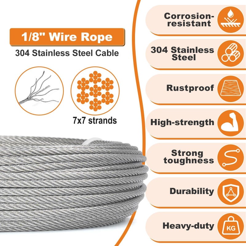 TooTaci 1/8 Stainless Steel Cable, 100ft 1/8 Wire Rope with Wire Rope Crimping Tool and Cutter, 7Ã—7 Strands Aircraft Cable for Deck Railing, Clothesline, Shade Sails, String Light - Image 3