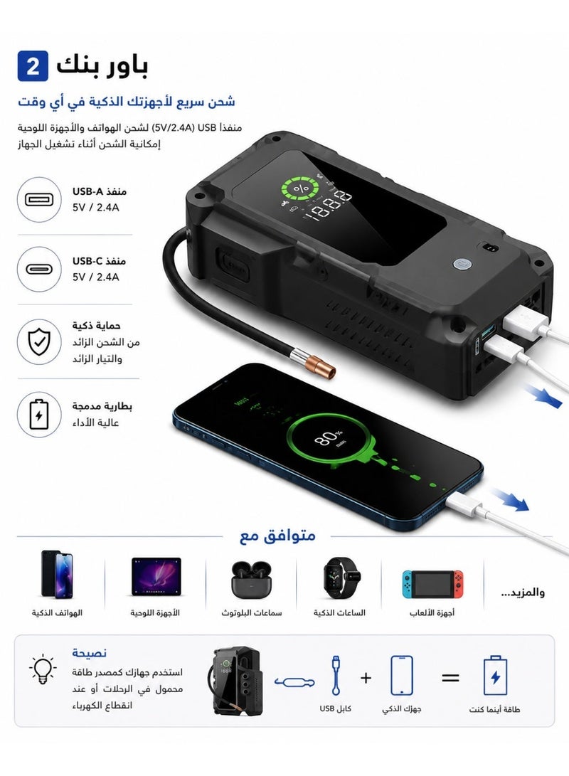 ريلاكس سمارت جهاز تشغيل بطارية السيارة 6000 أمبير مع ضاغط هواء 150 رطل لكل بوصة مربعة، جهاز تشغيل بطارية السيارة 12 فولت، سعة 10 لتر بنزين 8 لتر ديزل، جهاز تشغيل بطارية السيارة المحمول مع مصابيح LED وكابل توصيل ضوء الطوارئ، مصدر طاقة متنقل، سعة تخزين كبيرة للسيارات السيدان، والسيارات العائلية، والسيارات الكهربائية، وشاحنات البيك أب، وسيارات الطرق الوعرة، والمركبات التجارية، والدراجات النارية، - Image 3