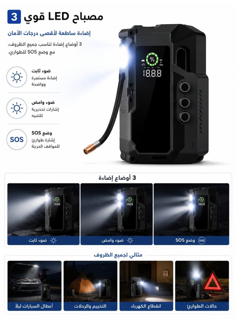 ريلاكس سمارت جهاز تشغيل بطارية السيارة 6000 أمبير مع ضاغط هواء 150 رطل لكل بوصة مربعة، جهاز تشغيل بطارية السيارة 12 فولت، سعة 10 لتر بنزين 8 لتر ديزل، جهاز تشغيل بطارية السيارة المحمول مع مصابيح LED وكابل توصيل ضوء الطوارئ، مصدر طاقة متنقل، سعة تخزين كبيرة للسيارات السيدان، والسيارات العائلية، والسيارات الكهربائية، وشاحنات البيك أب، وسيارات الطرق الوعرة، والمركبات التجارية، والدراجات النارية، - Image 2