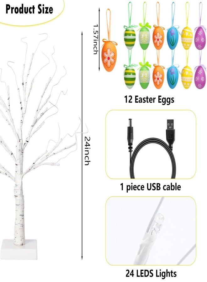 ZYP 24" Easter Lighted Birch Tree with 12pcs Ornaments, Warm White LEDs Tabletop Artificial Tree 8 Lighting Modes USB or Batteries Operated with Timer for Easter Decor - Image 2