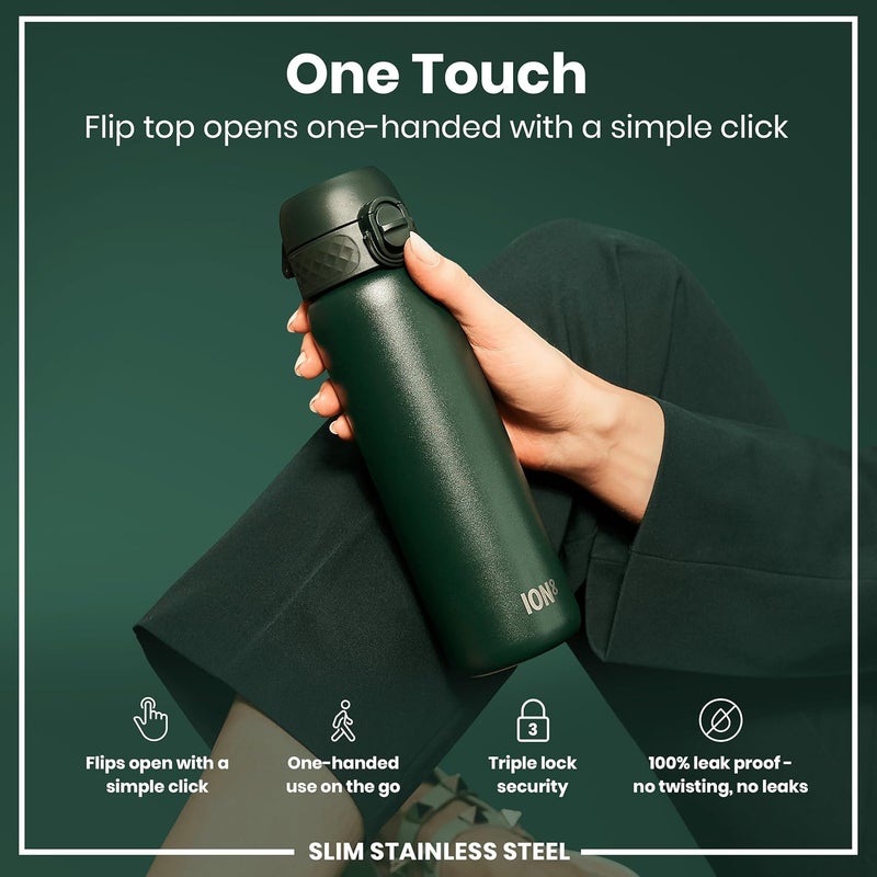 ION8 Lightweight Steel Water Bottle, 600 ml/20 oz, Non-Insulated, Leak Proof, Easy to Open, Secure Lock, Dishwasher Safe, Flip Cover, Fits Cup Holders, Carry Handle, Metal Water Bottle, Dark Green - Image 2