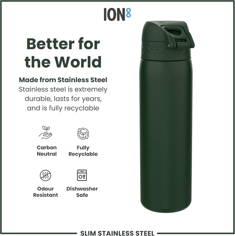 ION8 Lightweight Steel Water Bottle, 600 ml/20 oz, Non-Insulated, Leak Proof, Easy to Open, Secure Lock, Dishwasher Safe, Flip Cover, Fits Cup Holders, Carry Handle, Metal Water Bottle, Dark Green - Image 4