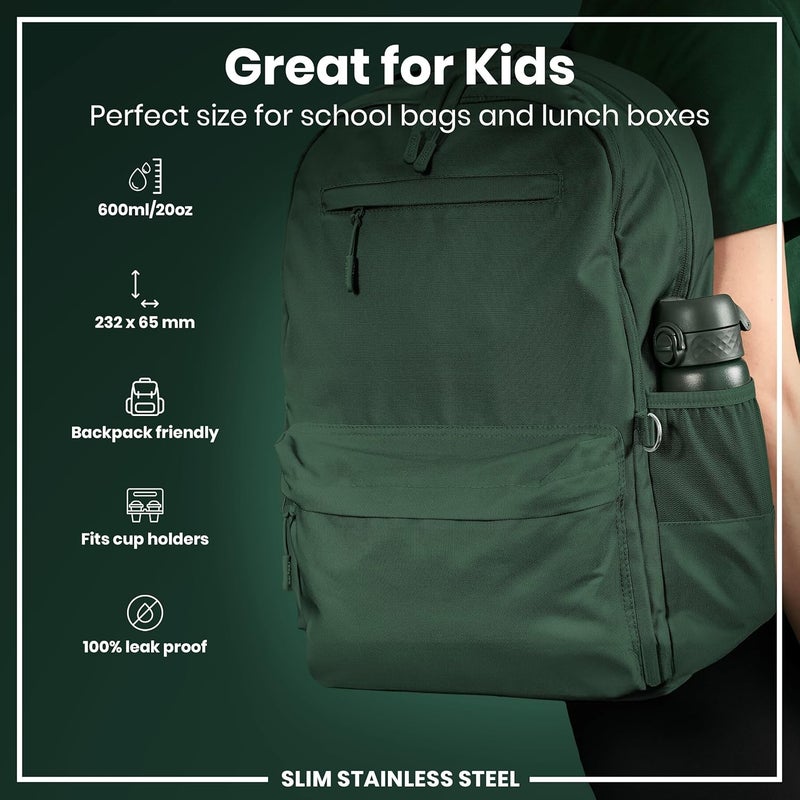 ION8 Lightweight Steel Water Bottle, 600 ml/20 oz, Non-Insulated, Leak Proof, Easy to Open, Secure Lock, Dishwasher Safe, Flip Cover, Fits Cup Holders, Carry Handle, Metal Water Bottle, Dark Green - Image 1