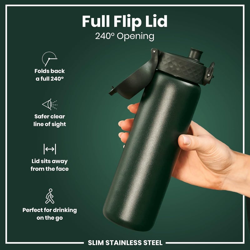 ION8 Lightweight Steel Water Bottle, 600 ml/20 oz, Non-Insulated, Leak Proof, Easy to Open, Secure Lock, Dishwasher Safe, Flip Cover, Fits Cup Holders, Carry Handle, Metal Water Bottle, Dark Green - Image 3