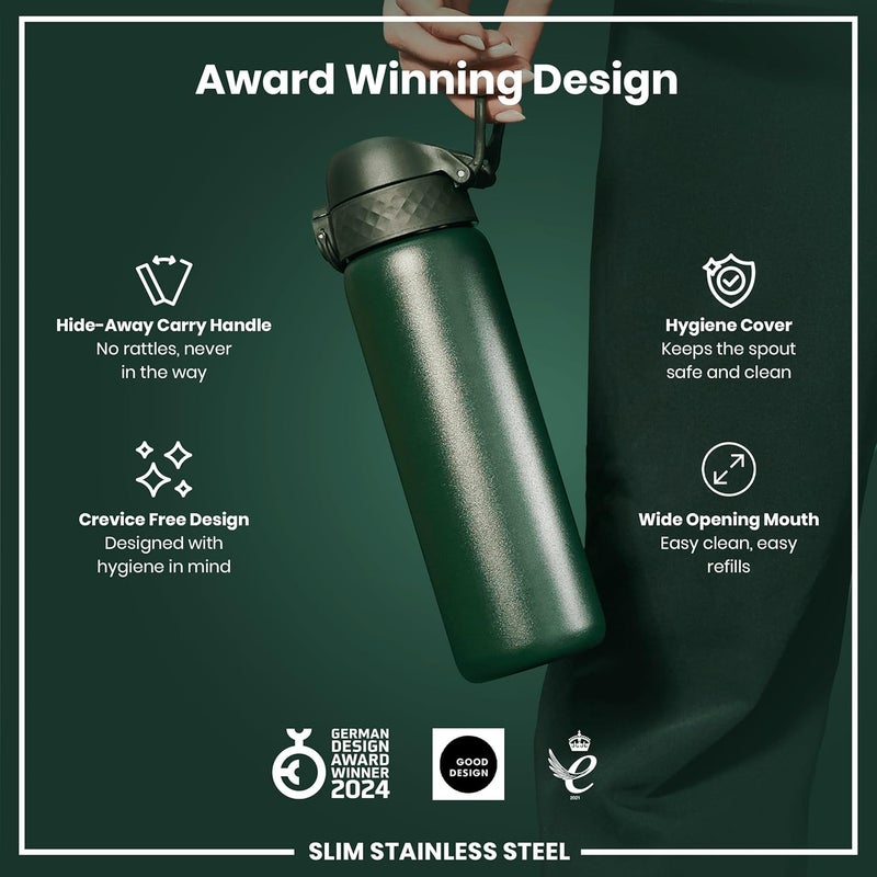 ION8 Lightweight Steel Water Bottle, 600 ml/20 oz, Non-Insulated, Leak Proof, Easy to Open, Secure Lock, Dishwasher Safe, Flip Cover, Fits Cup Holders, Carry Handle, Metal Water Bottle, Dark Green - Image 5