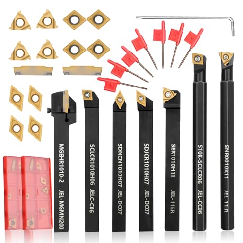 Joogto Indexable Lathe Turning Tool 21Pcs Kit 3/8'' 10mm Shank 7Pcs Metal Lathe Tools Holder Set with 14Pcs Turning Inserts for Turning Grooving Threading Boring Carbide Inserts Carbide Turning Tool - Image 1