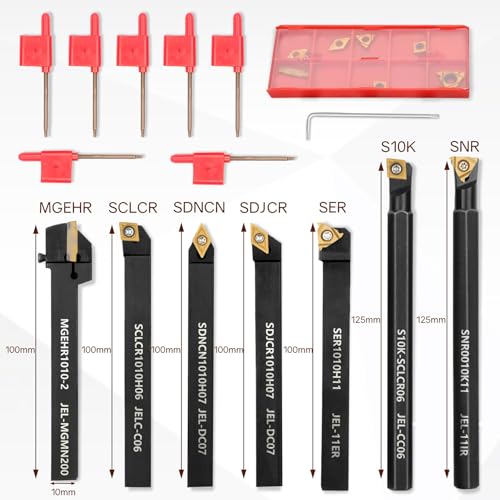 Joogto Indexable Lathe Turning Tool 21Pcs Kit 3/8'' 10mm Shank 7Pcs Metal Lathe Tools Holder Set with 14Pcs Turning Inserts for Turning Grooving Threading Boring Carbide Inserts Carbide Turning Tool - Image 3