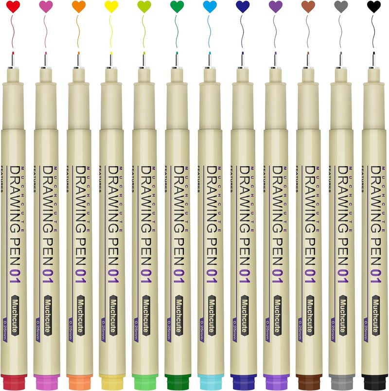 KOUSICOO Muchcute 01 Micro Fineliner Drawing Art Pens: 12 Colors 0.25mm Extra Fine Point Bible No Bleed Smooth Journal Zentangle Study Supplies Colored Waterproof Line Ultra Needle Tip Fine liner Thin Gel Felt - Image 1
