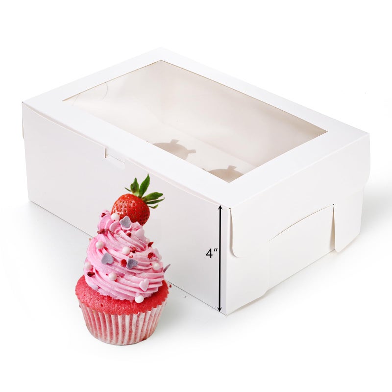 Yesland 30 Pack White Jumbo Cupcake Boxes, 6 Cupcake Containers with Windows, Handle Tray and Inserts, 10 x 6.8 x 4inch Tall Paper Cupcake Holder Carrier for Muffins, Standard or High Creams Cupcakes - Image 4