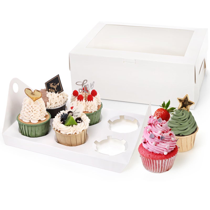 Yesland 30 Pack White Jumbo Cupcake Boxes, 6 Cupcake Containers with Windows, Handle Tray and Inserts, 10 x 6.8 x 4inch Tall Paper Cupcake Holder Carrier for Muffins, Standard or High Creams Cupcakes - Image 1