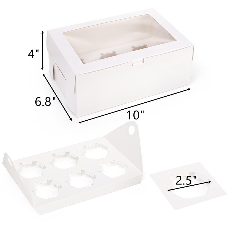 Yesland 30 Pack White Jumbo Cupcake Boxes, 6 Cupcake Containers with Windows, Handle Tray and Inserts, 10 x 6.8 x 4inch Tall Paper Cupcake Holder Carrier for Muffins, Standard or High Creams Cupcakes - Image 2