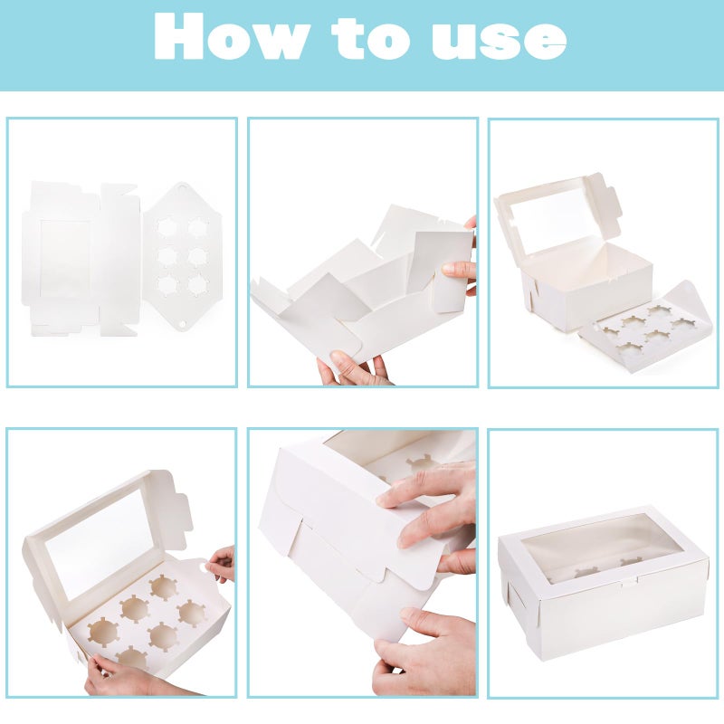 Yesland 30 Pack White Jumbo Cupcake Boxes, 6 Cupcake Containers with Windows, Handle Tray and Inserts, 10 x 6.8 x 4inch Tall Paper Cupcake Holder Carrier for Muffins, Standard or High Creams Cupcakes - Image 5