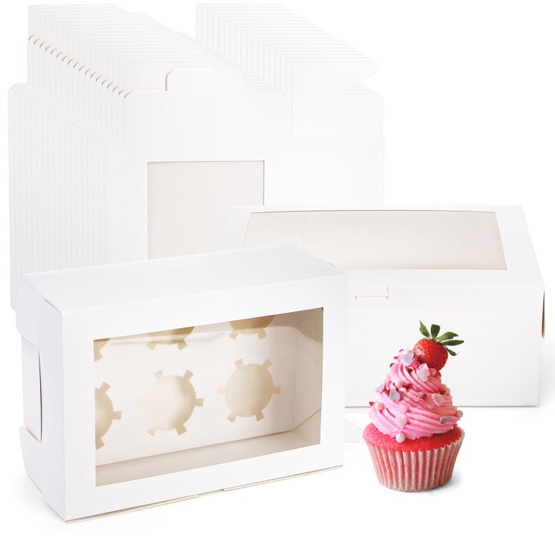 Yesland 30 Pack White Jumbo Cupcake Boxes, 6 Cupcake Containers with Windows, Handle Tray and Inserts, 10 x 6.8 x 4inch Tall Paper Cupcake Holder Carrier for Muffins, Standard or High Creams Cupcakes - Image 3