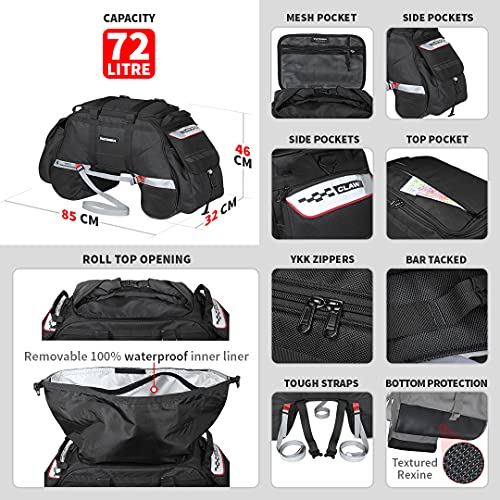 ViaTerra 100% Waterproof Claw Motorcycle Tail Bag (72L, Black) I Roll top Construction with Inner Liner I Free Outer Rain/Dust Cover I Fits Most Bikes - Image 2