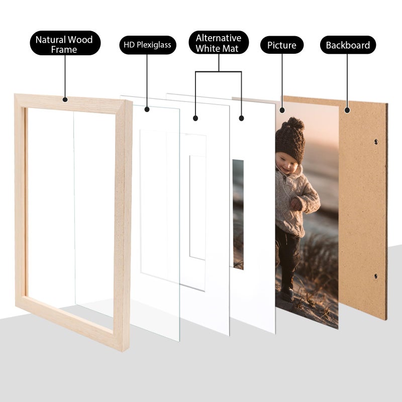 KINLINK 8x10 Picture Frames White Oak  Light Wood Frames with Acrylic Plexiglass for Pictures 4x6/5x7 with Mat or 8x10 without Mat  Tabletop and Wall Mounting Display  Set of 4 - Image 3