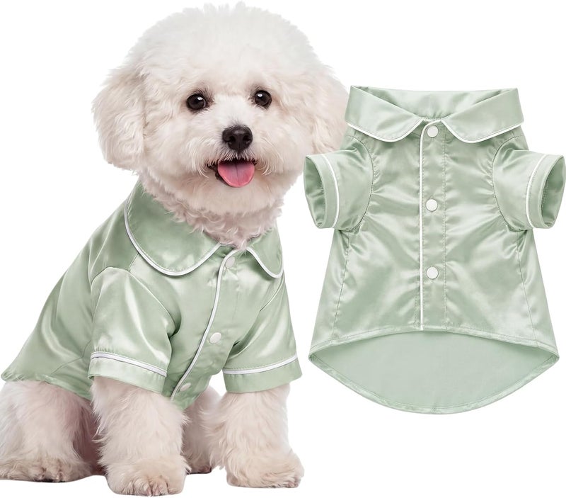 Cosblank Dog Silk Pajamas Shirts Puppy Satin Pjs Pet Sleepwear Soft Faux Silk Lapel Two-Legged for Small Dogs Bridal Party (S,Sage Green) - Image 1