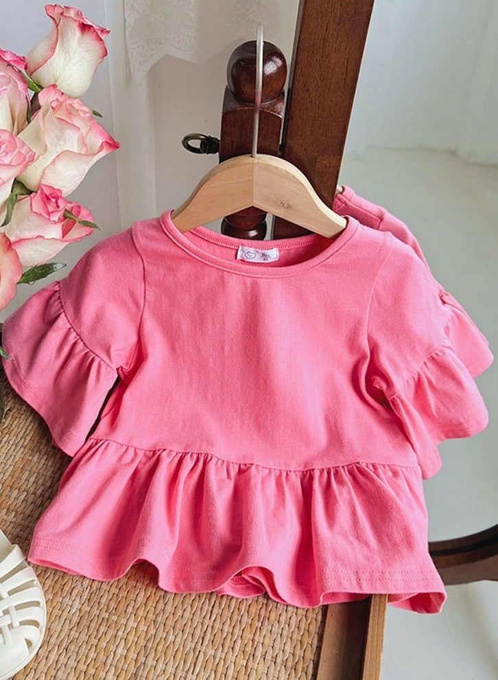 Loquat Girl's Flared Short Sleeve Crew Neck T-Shirt Cotton Ruffled Tees Rose Pink 