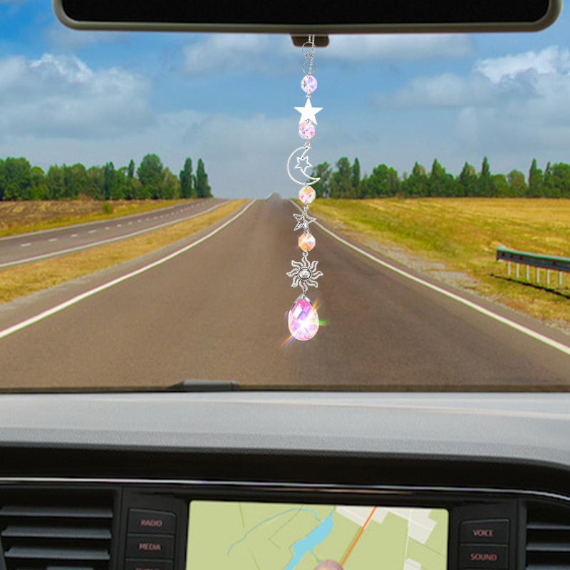 XLIUAX Moon and Star Rear View Mirror Car Charm, Cute Boho Sun Catcher Pendant Hangings Ornaments Healing Crystals Stones Car Decor for Women Men(A) - Image 5