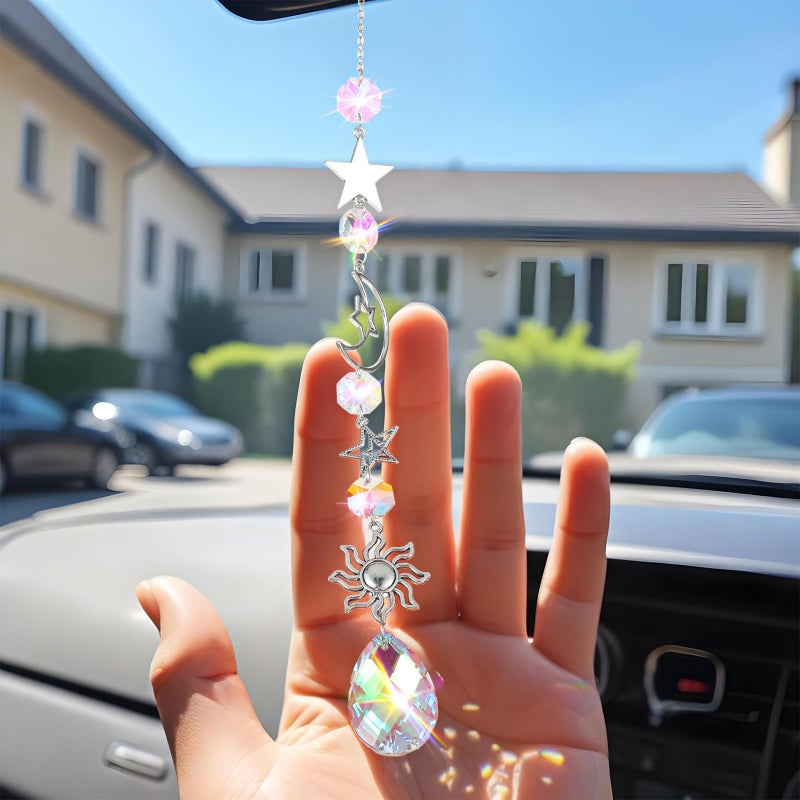 XLIUAX Moon and Star Rear View Mirror Car Charm, Cute Boho Sun Catcher Pendant Hangings Ornaments Healing Crystals Stones Car Decor for Women Men(A) - Image 1