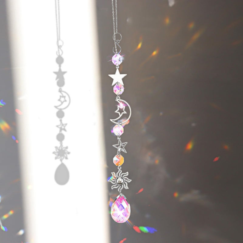 XLIUAX Moon and Star Rear View Mirror Car Charm, Cute Boho Sun Catcher Pendant Hangings Ornaments Healing Crystals Stones Car Decor for Women Men(A) - Image 3