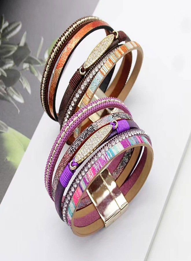 KunBead Women Pink Leather Wrap Bracelets Braided Handmade Bohemian Multilayer Bracelet Wristband Cuff Birthday Jewelry - Image 3