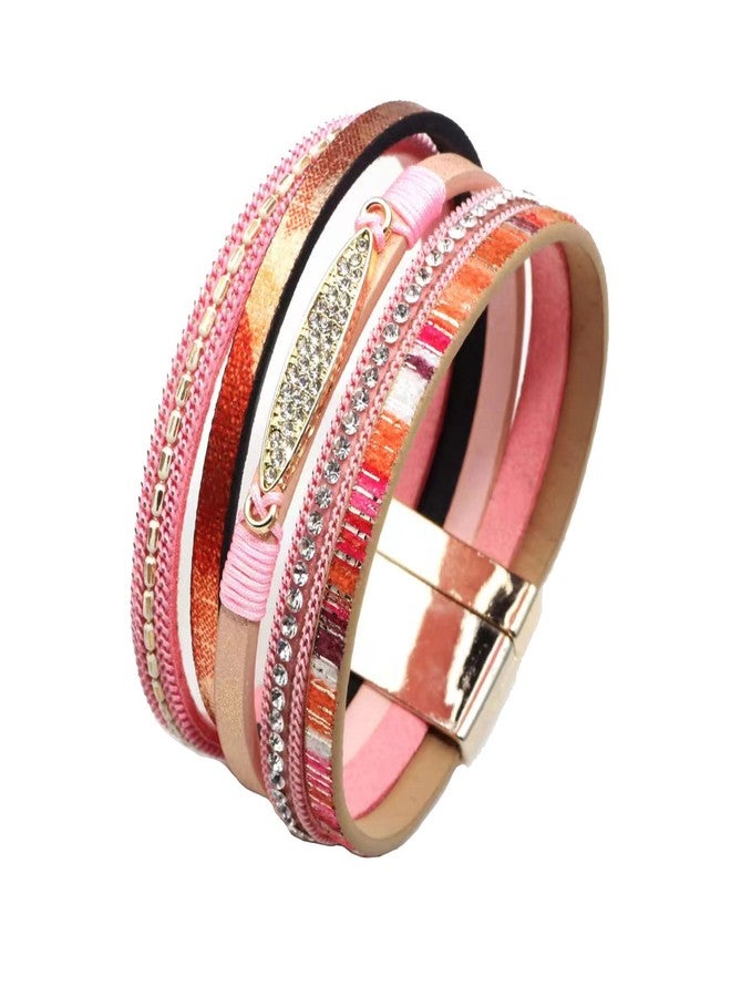 KunBead Women Pink Leather Wrap Bracelets Braided Handmade Bohemian Multilayer Bracelet Wristband Cuff Birthday Jewelry - Image 1