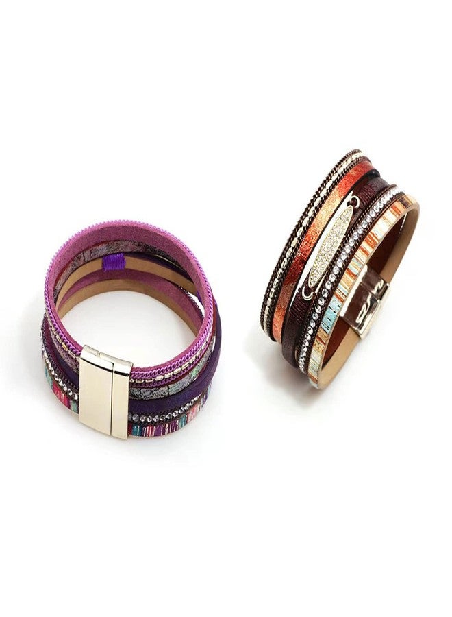 KunBead Women Pink Leather Wrap Bracelets Braided Handmade Bohemian Multilayer Bracelet Wristband Cuff Birthday Jewelry - Image 2
