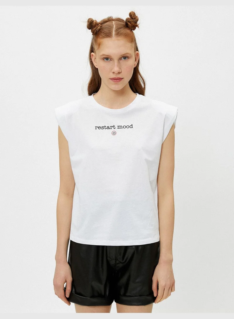 KOTON Shoulder Pad T-Shirt Slogan Crew Neck Cotton