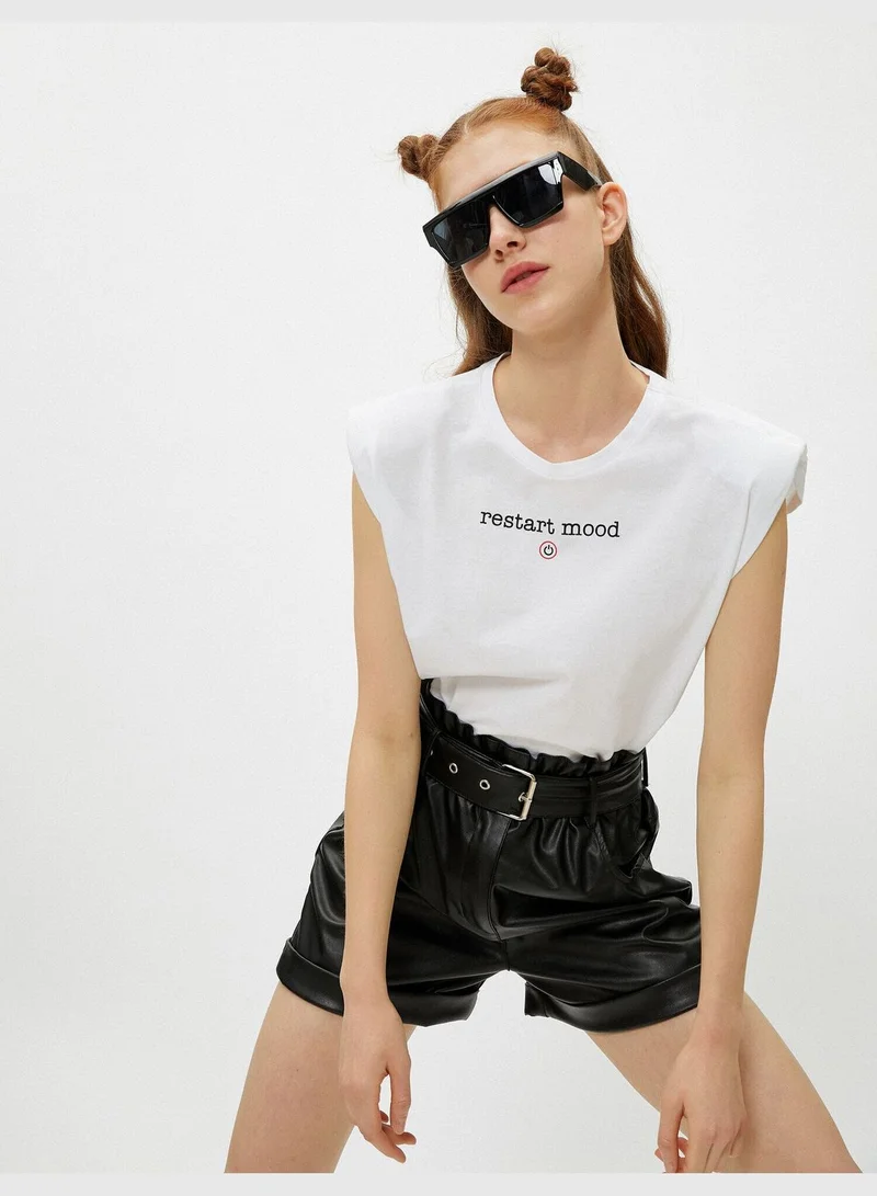 KOTON Shoulder Pad T-Shirt Slogan Crew Neck Cotton