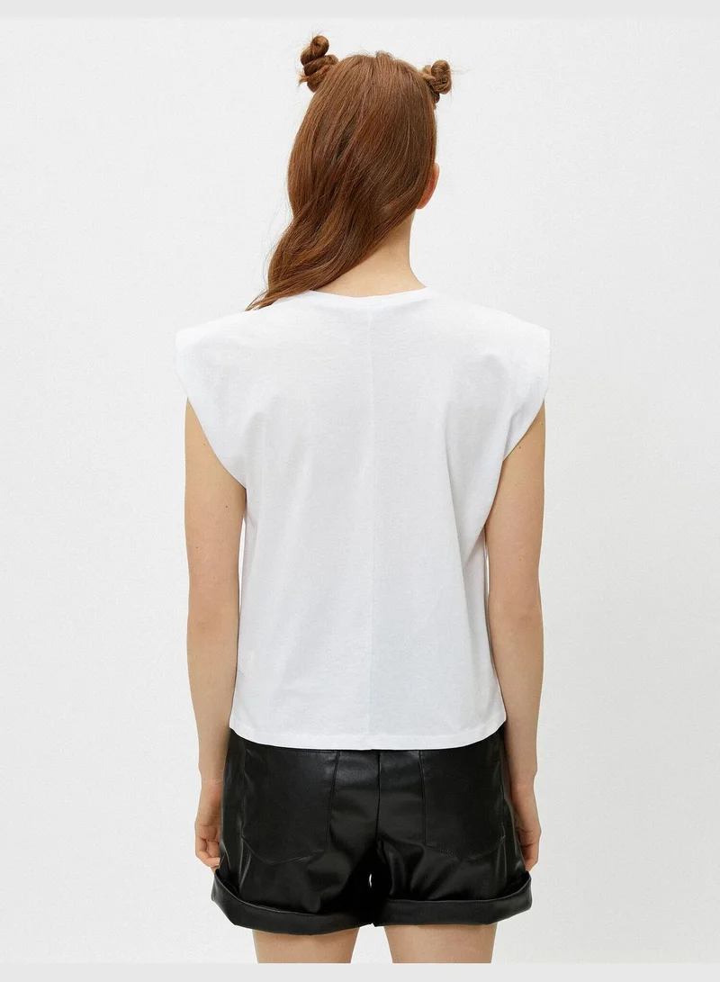 KOTON Shoulder Pad T-Shirt Slogan Crew Neck Cotton