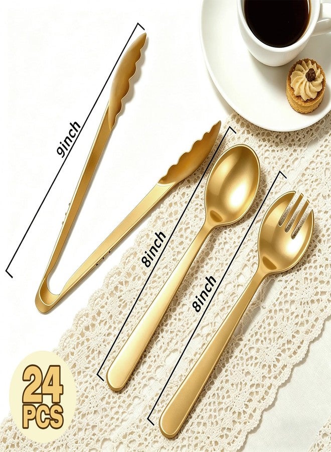 LOOWVY 24 Pcs Gold Plastic Serving Utensils Set - Heavy Duty Disposable Serving Spoons, Forks & Tongs (8 of Each) - BPA-Free Catering Supplies for Buffets, Parties, Weddings & Events (9 Inch) - Image 2
