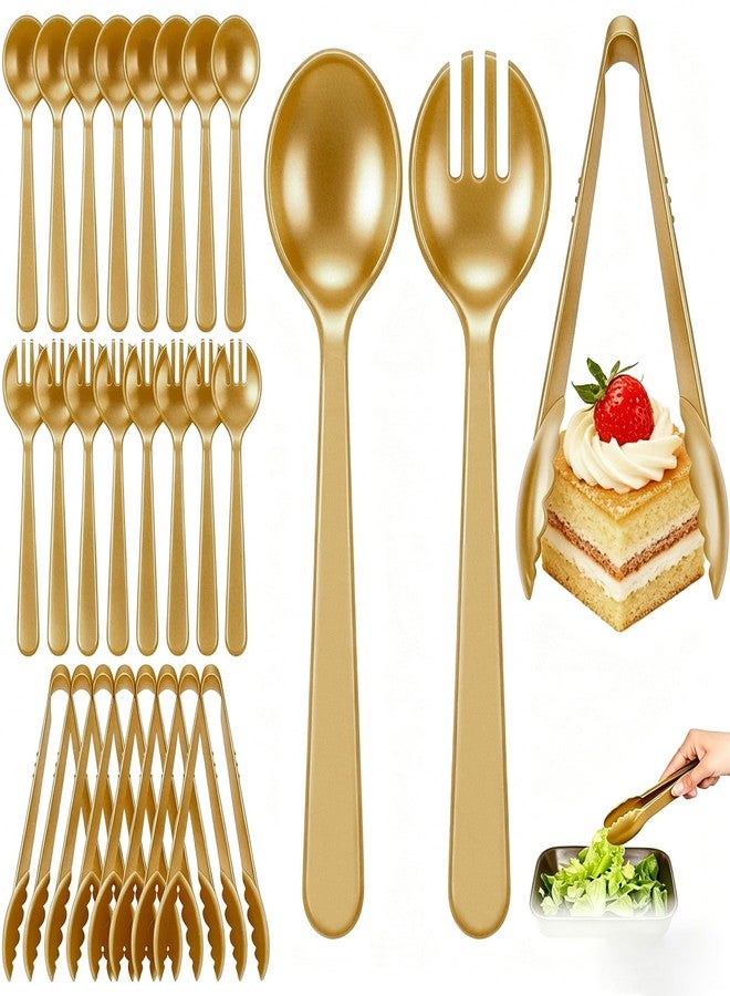 LOOWVY 24 Pcs Gold Plastic Serving Utensils Set - Heavy Duty Disposable Serving Spoons, Forks & Tongs (8 of Each) - BPA-Free Catering Supplies for Buffets, Parties, Weddings & Events (9 Inch) - Image 1