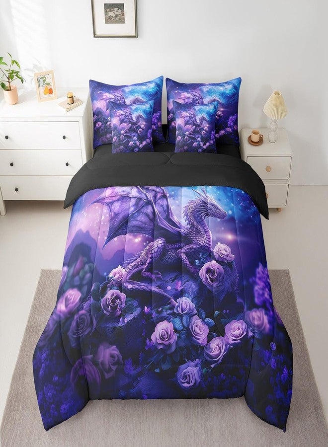 Homewish طقم مفروشات سرير هوم ويش كوين سايز مكون من 7 قطع: طقم لحاف بتصميم تنين وردي، ملاءة سرير بتصميم حيوانات وسماء مرصعة بالنجوم، طقم لحاف مطبوع قابل للعكس باللون الأرجواني + ملاءة مسطحة + ملاءة مثبتة + 2 غطاء وسادة + 2 غطاء وسادة زينة. - Image 3