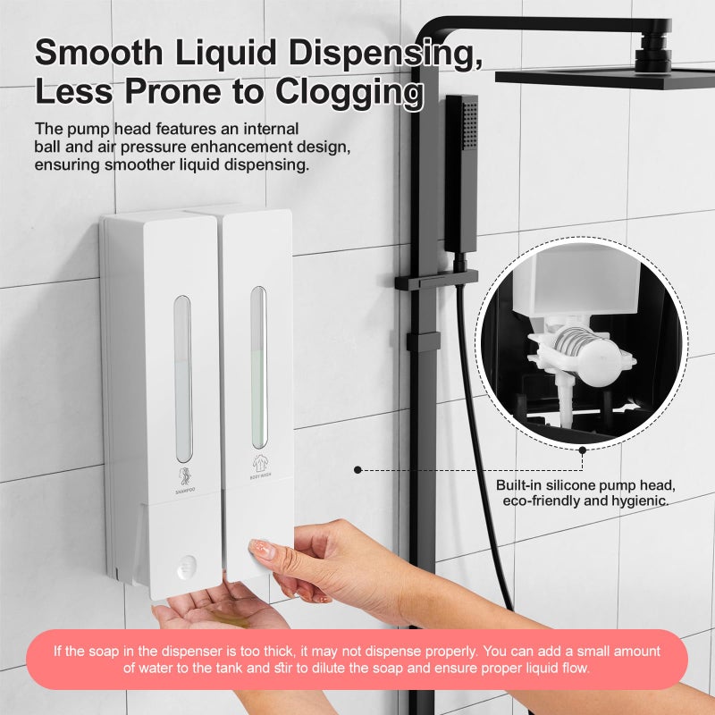Aeakey Shampoo and Conditioner Dispenser 2-Chamber Wall-Mounted Shower Soap Dispenser, No-Drill Installation, 800ML Capacity, Ideal for Bathrooms and Hotels - Image 3