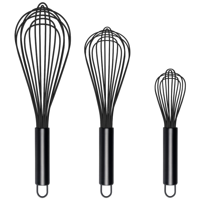TEEVEA TEEVEA Silicone Whisk Set of 3 Non Scratch Non Stick Silicone Coated Stainless Steel Wire Whisks Heat Resistant 480F Kitchen Wisk for Cooking Blending Whisking Tool Black