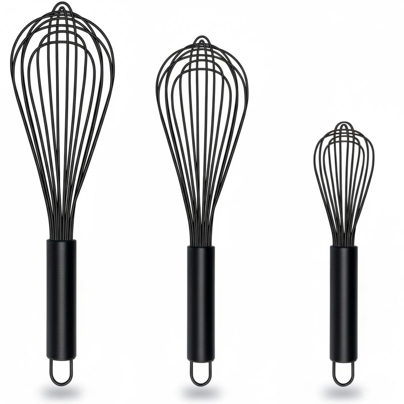 TEEVEA Silicone Whisk Set of 3 Non Scratch Non Stick Silicone Coated Stainless Steel Wire Whisks Heat Resistant 480F Kitchen Wisk for Cooking Blending Whisking Tool Black
