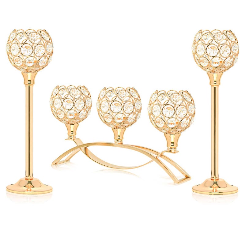 kolnlala Crystal Tealight Candle Holder Centerpiece Home Decorative Candlestick Holder Elegant Table Centerpiece Home Decor Wedding Party Anniversary (Gold, Set of 3) - Image 1