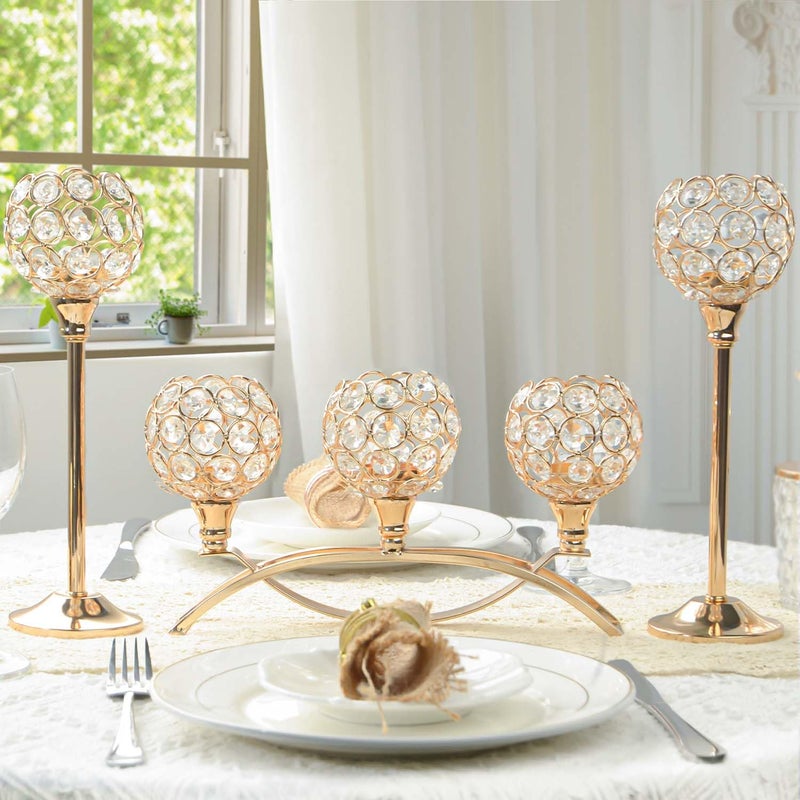 kolnlala Crystal Tealight Candle Holder Centerpiece Home Decorative Candlestick Holder Elegant Table Centerpiece Home Decor Wedding Party Anniversary (Gold, Set of 3) - Image 2